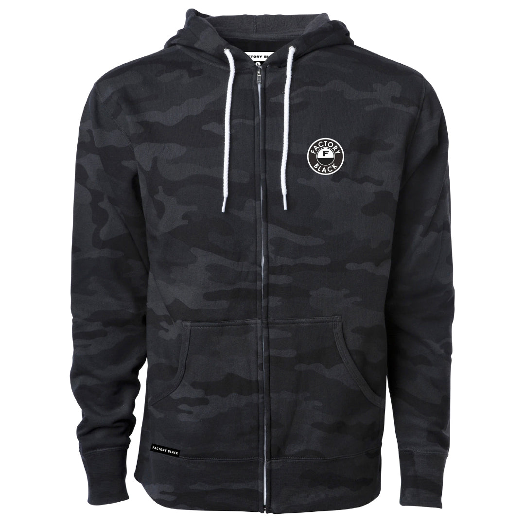 Black Camo Zip up Hoody with Embroidered Patch